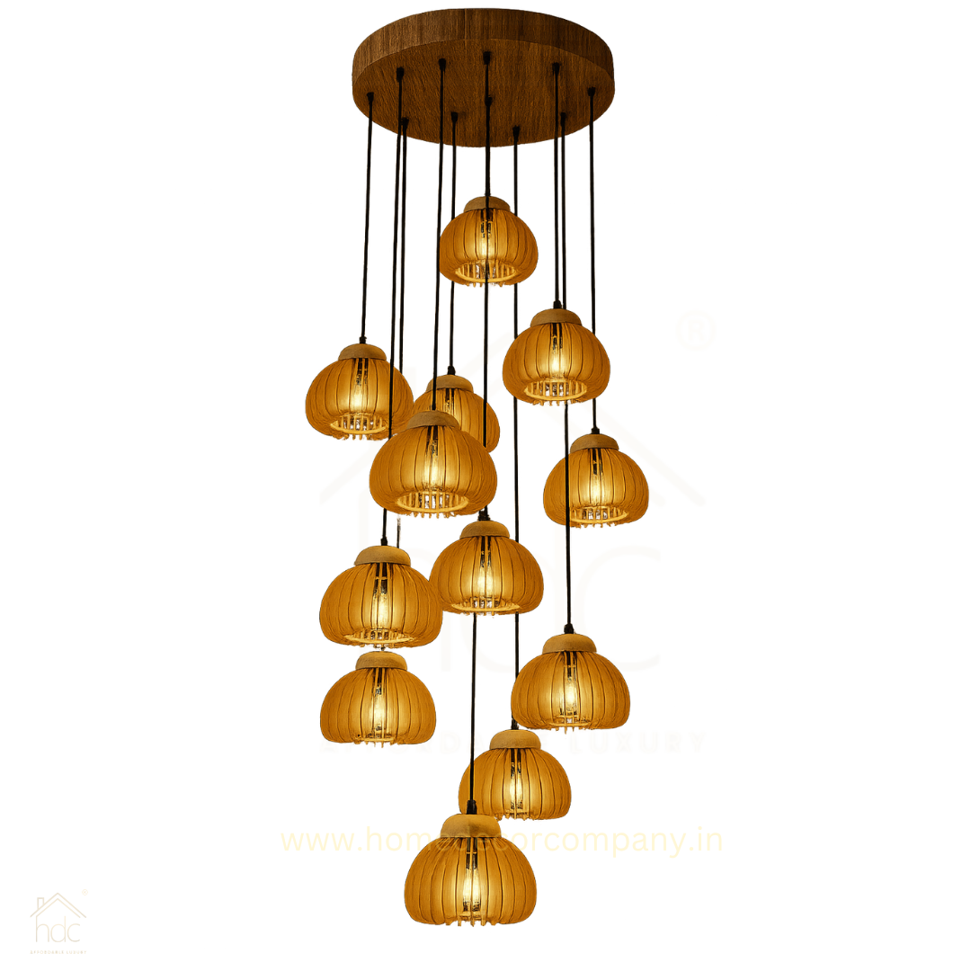 HDC E27 Wooden Pendant Light with Wooden Lampshade and Pumpkin Shape Height Adjustable Middle Size Ceiling Chandelier