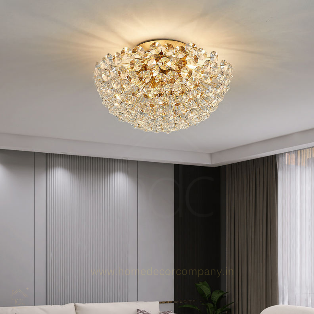 HDC 300MM Gold Luxury Crystal Flush Mount Ceiling Light for Living Area Home - Warm White