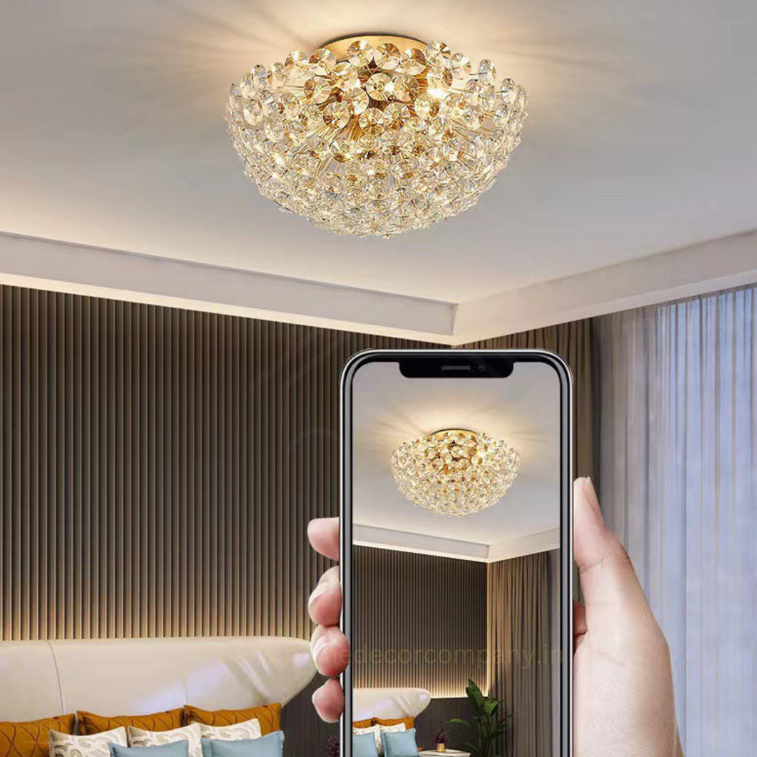 HDC 300MM Gold Luxury Crystal Flush Mount Ceiling Light for Living Area Home - Warm White