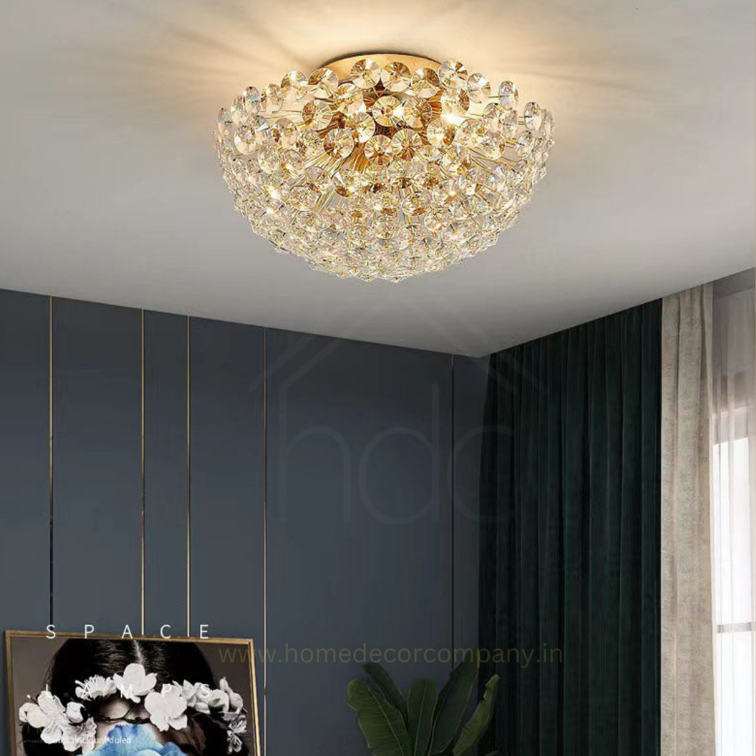 HDC 300MM Gold Luxury Crystal Flush Mount Ceiling Light for Living Area Home - Warm White