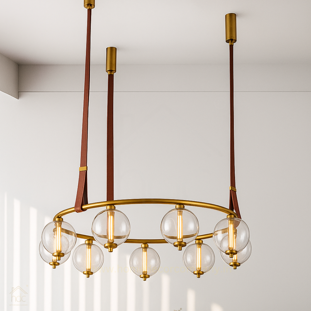 Hdc Modern Globe Leather Strap Suspension with Brass Ring Frame Chandelier