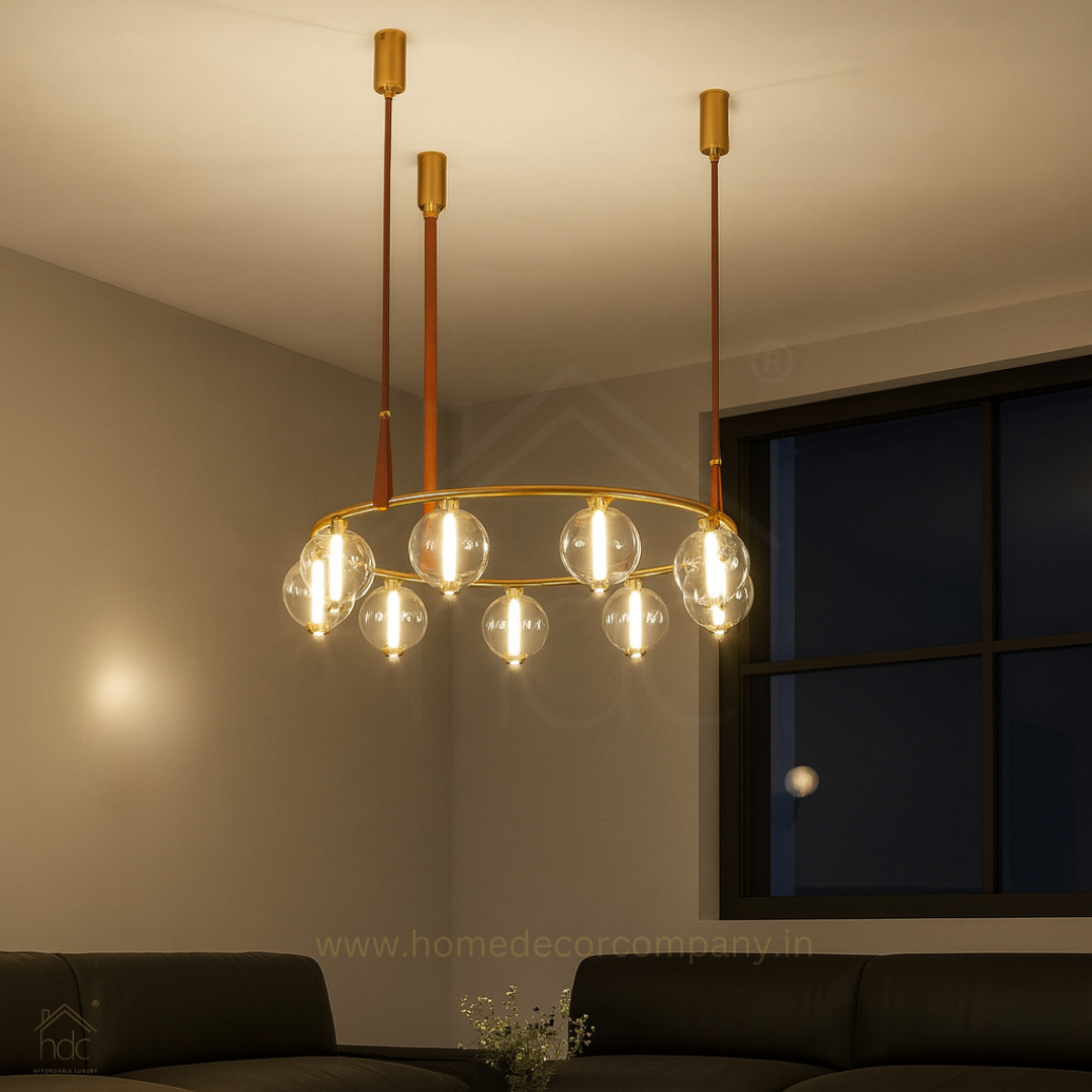 Hdc Modern Globe Leather Strap Suspension with Brass Ring Frame Chandelier
