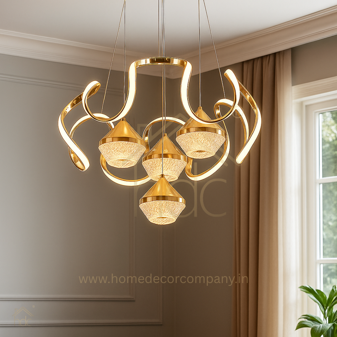 Hdc Gold Curvy 4 Lights Led Pendant Chandelier Light Luxury Ceiling Light- Tricolor