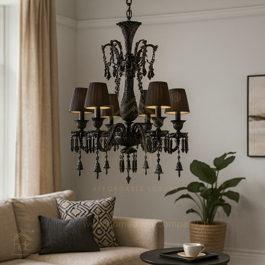 HDC 8 Light Shade Black Glass Italian Chandelier Ceiling Light Hanging - Warm White