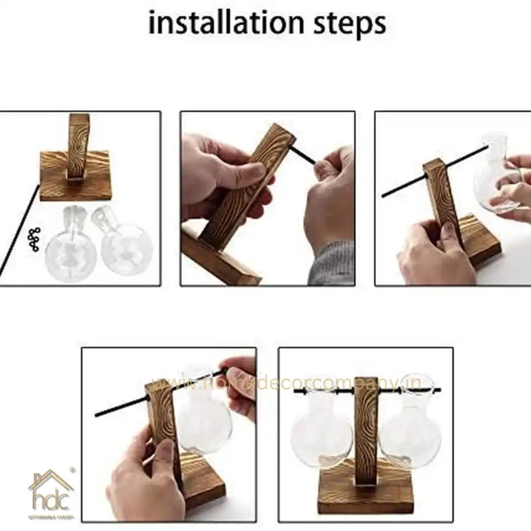 HDC Indoor Propagation Station Wooden Stand With 1 Bulb-Shaped Glass Vases Test Tube (Style 2)