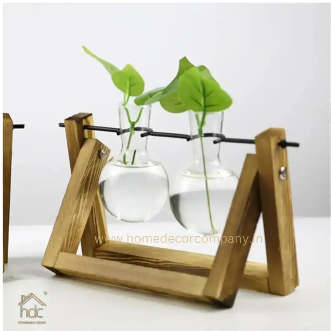 HDC Indoor Propagation Station Wooden Stand With 2 Bulb-Shaped Glass Vases Test Tube (Style 2)