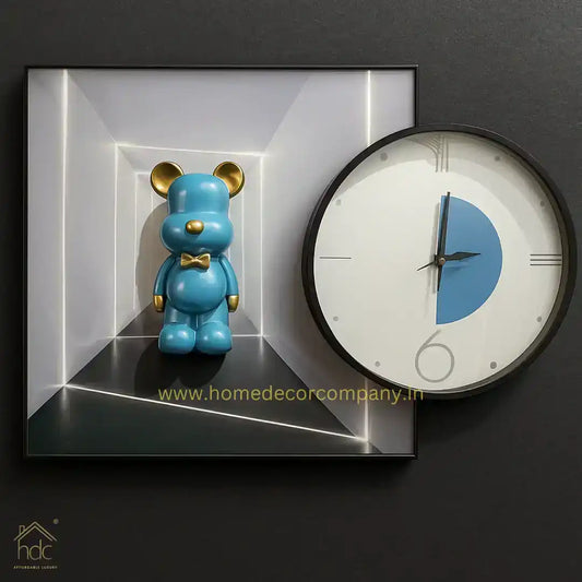 Hdc Modern Aesthetic Hand-Painted Clock Canvas Blue Teddy Bear Clock(Size:- Painting 60*60, clock 40*40Cm) - HDC Lights