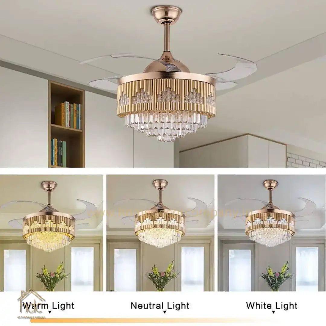 HDC Crystal Ceiling Fans with Lights Retractable Blades Remote Control Modern Luxury LED Chandelier Fan 3 Speeds 3 Color Changes Lighting Fixtures
