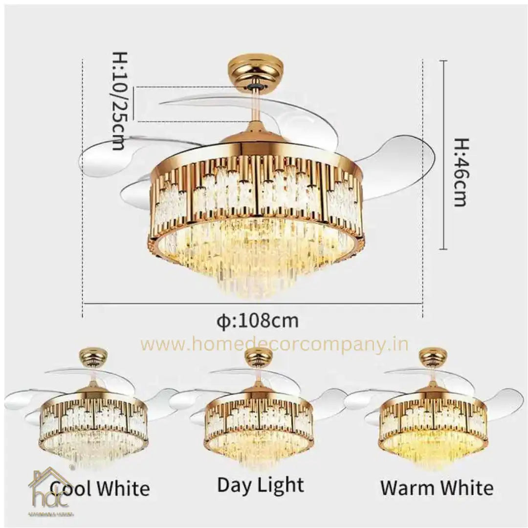 HDC Crystal Ceiling Fans with Lights Retractable Blades Remote Control Modern Luxury LED Chandelier Fan 3 Speeds 3 Color Changes Lighting Fixtures