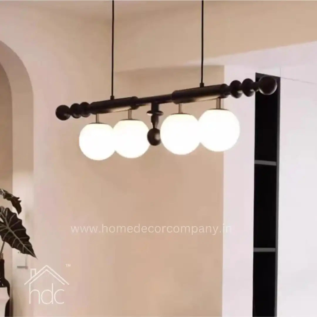 Hdc Mid Century Modern Wood Chandelier Adjustable Height Linear Chandelier Light White Glass Globe for Dining Room Kitchen Island (Black)