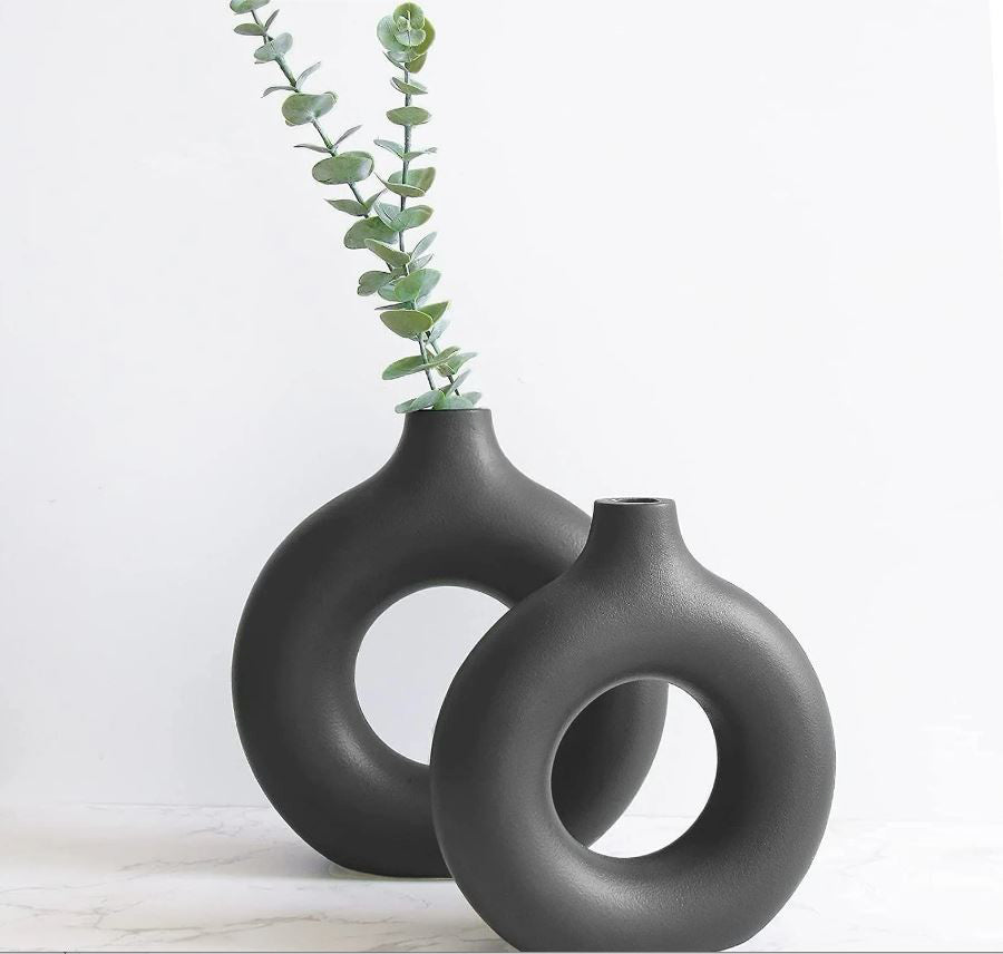 Donut Pampas Vase 2 Pc Set 8.5 & 6.5 (Black matte) - HDC.IN
