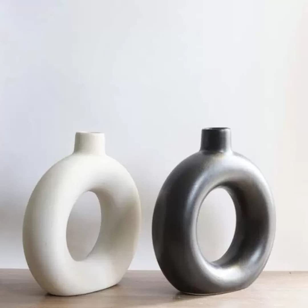 Donut Pampas Vase 2 Pc Set 8.5 & 8.5 (Black & White matte) - HDC.IN