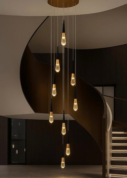 HDC 9 Lights LED Black Gold Crystal Gel Double Height Stair Chandelier- Tricolor