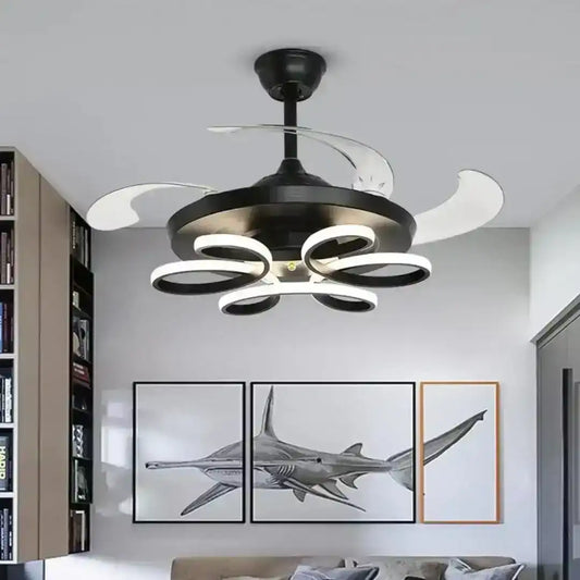 Hdc Black Flower Led 3 Color Setting Control With Remote Transparent Retractable Fan Blade Chandelier