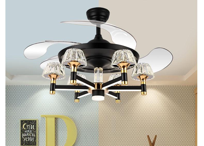 HDC Ceiling Fan Chandelier With 3 Layer Crystal Gold And Remote Control 4 Retractable Abs Blades - Warm White