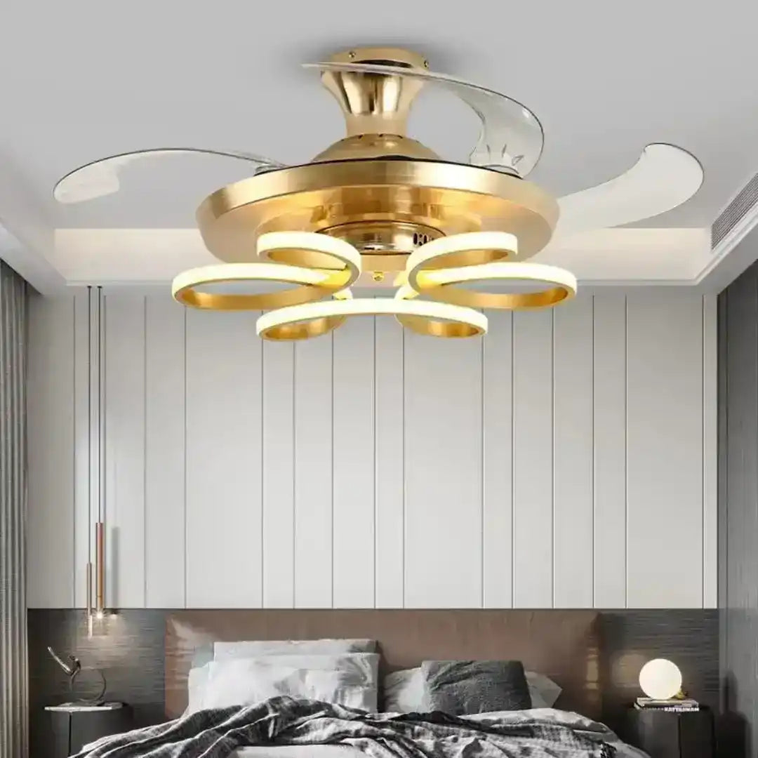 Hdc Golden Flower Led 3 Color Setting Control With Remote Transparent Retractable Fan Blade Chandelier