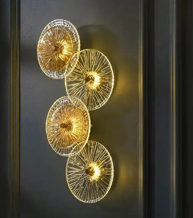 HDC 4 Heads Lotus Leaf Round Clear Glass Crystal Modern Gold Led Wall Light For Drawing Room - Tricolor