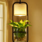 Hdc Modern Black Frame with Glass Planter and Fabric Shade Hanging Planter LED Pendant Light