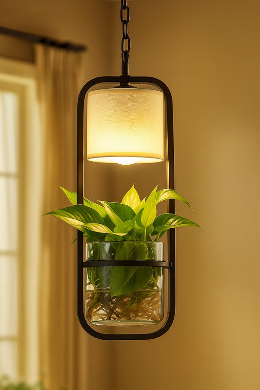 Hdc Modern Black Frame with Glass Planter and Fabric Shade Hanging Planter LED Pendant Light