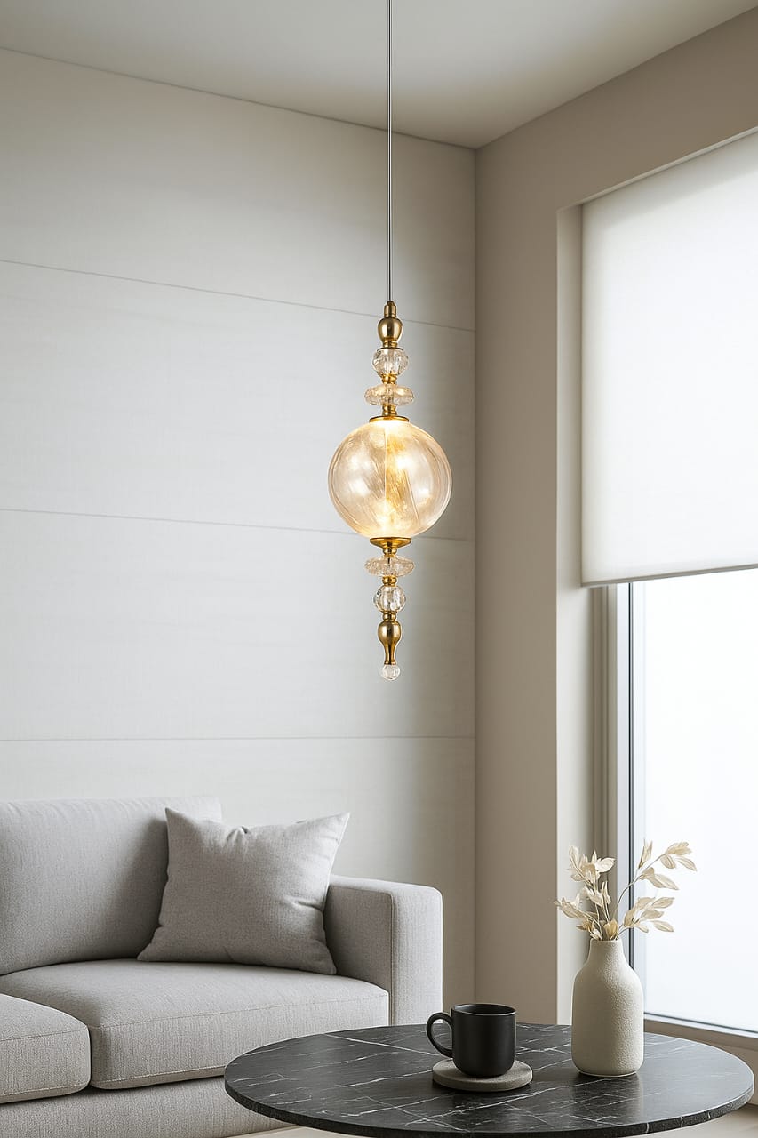 HDC Luxury Crystal Globe Pendant Light with Brass Finish | Elegant Vertical Hanging Lamp for Living Room, Bedroom & Designer Interiors