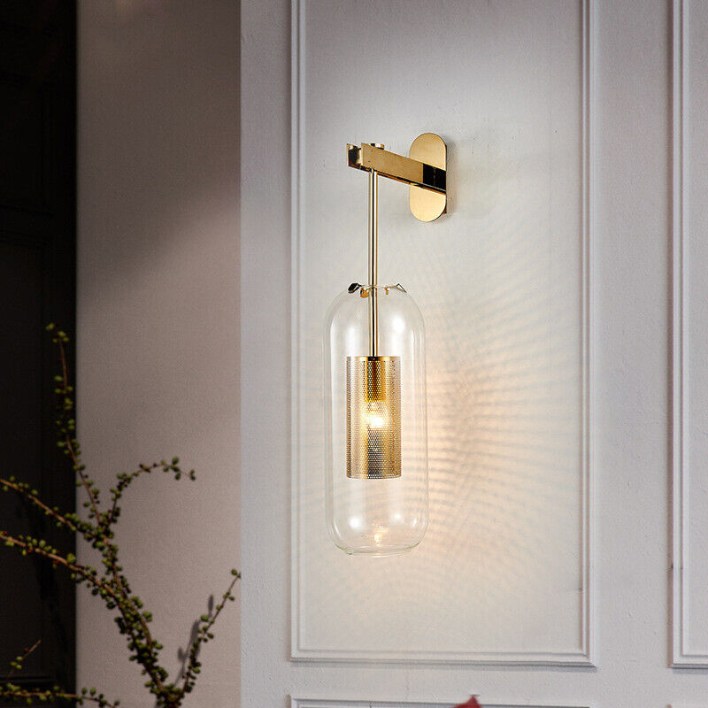 Hdc Industrial Wall Sconce Oblong Clear Glass Wall Mount Lamp with Inner Mesh Cage