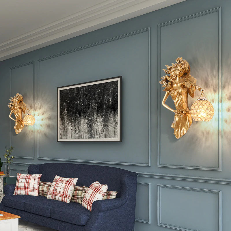 Hdc Violin Lady Wall Lamp Art Led European Creative Wall Lamp Bedroom Bedside Lamp - Gold