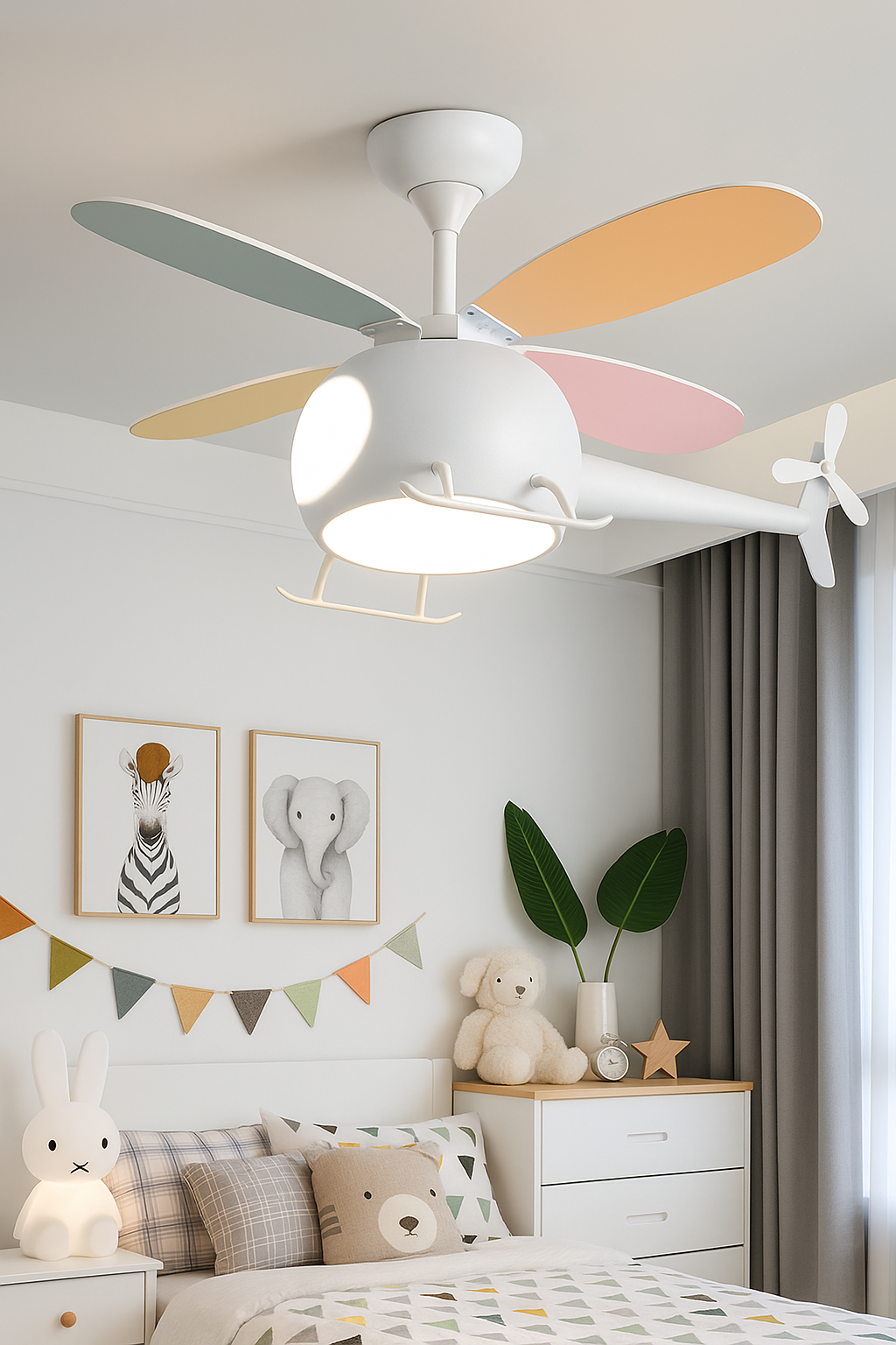 Hdc Kids’ Helicopter Ceiling Fan with LED Light Multi-Color Blades Airplane Chandelier