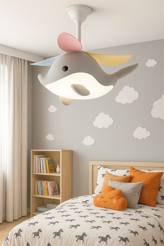 Hdc Kids’ Dolphin Ceiling Fan with LED Light Multi-Color Blades Fan Chandelier