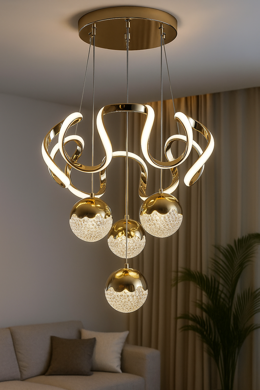 Hdc Gold Curvy 4 Lights Led Pendant Chandelier Light Luxury Ceiling Light- Tricolor