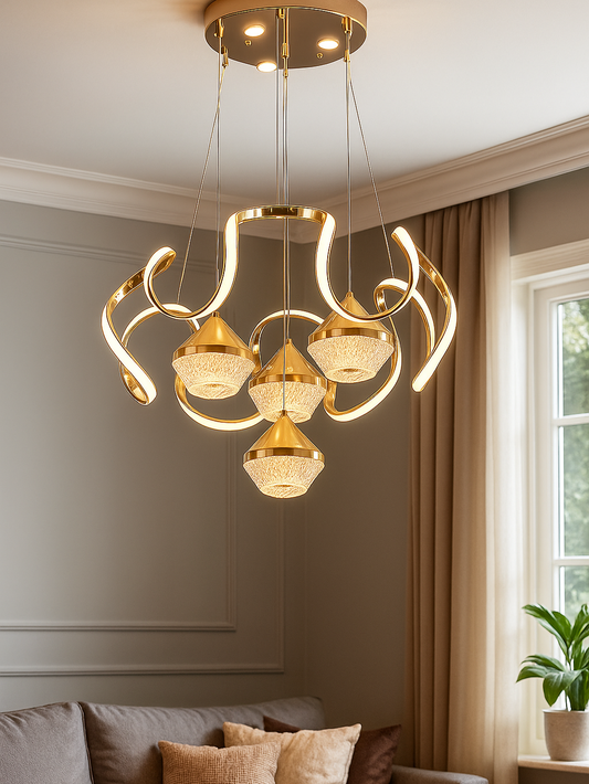 Hdc Gold Curvy 4 Lights Led Pendant Chandelier Light Luxury Ceiling Light- Tricolor