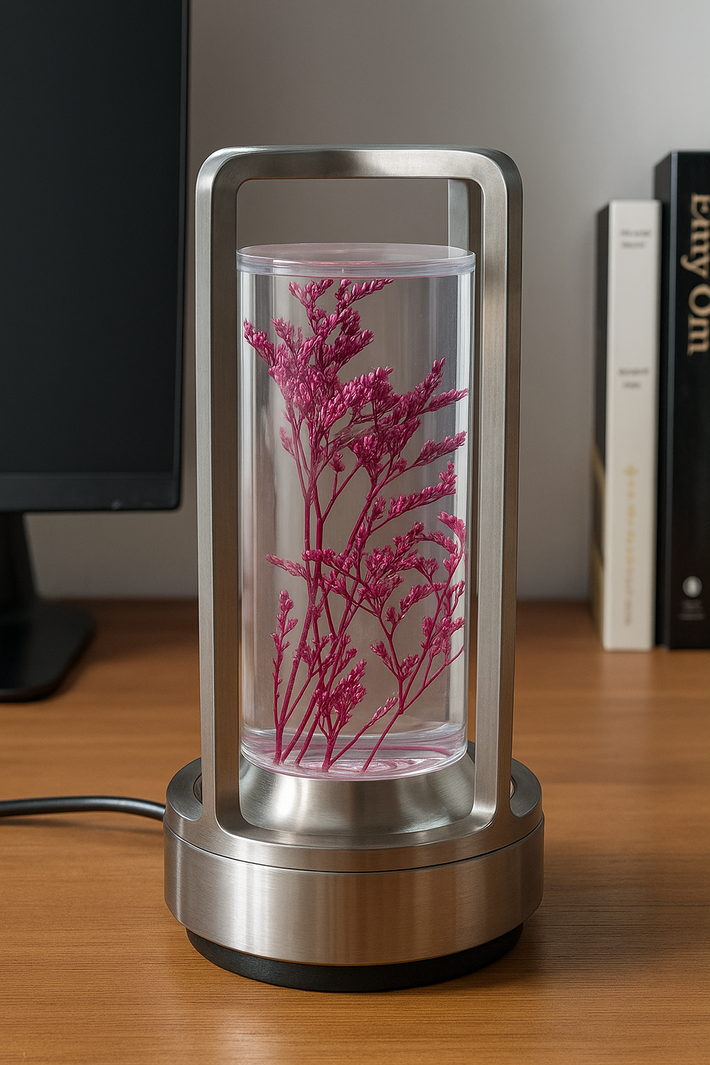 Hdc  Modern Glass LED Table Lamp with Real Preserved Flowers Minimalist Floral Desk Light for Bedroom & Office Decor