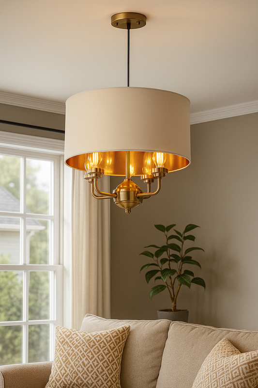HDC Modern Drum Shade Ceiling Light with Gold Interior Elegant Pendant Chandelier for Living Room, Dining Room & Bedroom