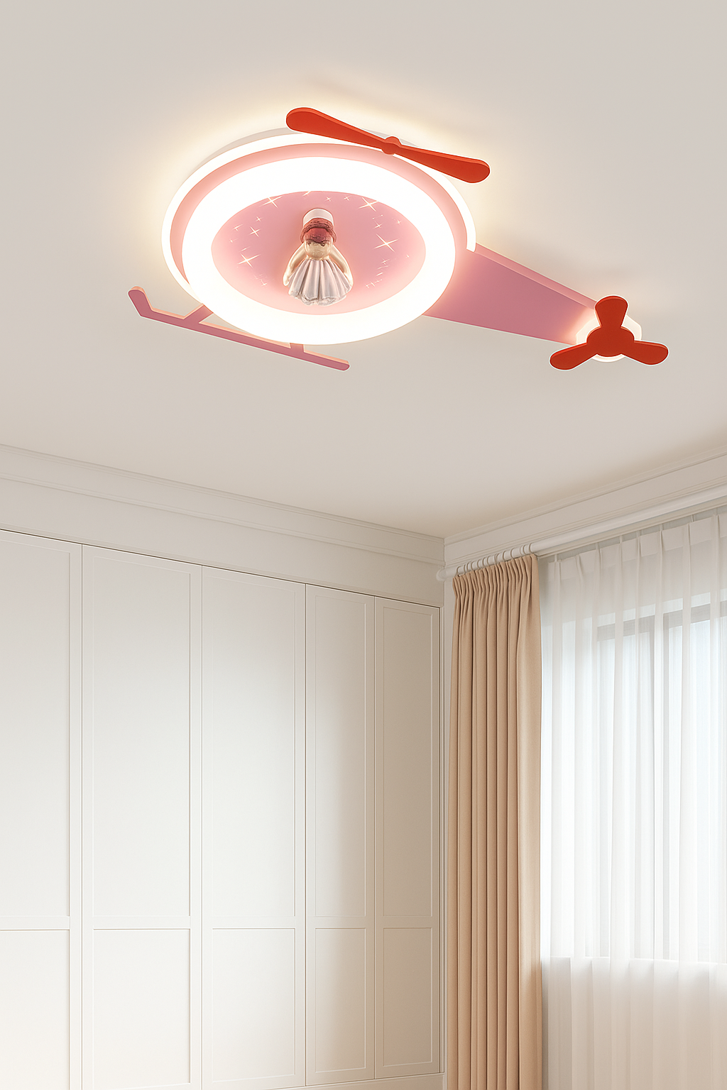 Hdc Helicopter Shaped LED Ceiling Light for Kids Room Pink Cute Aircraft Design with Doll Center | Decorative Flush Mount Light for Girls Bedroom, Nursery & Playroom