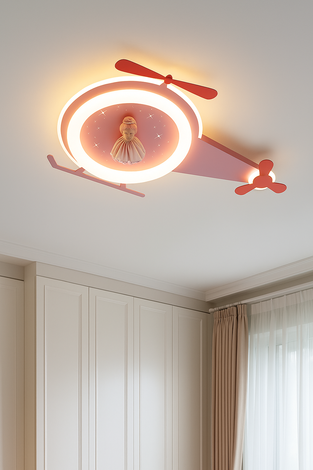 Hdc Helicopter Shaped LED Ceiling Light for Kids Room Pink Cute Aircraft Design with Doll Center | Decorative Flush Mount Light for Girls Bedroom, Nursery & Playroom