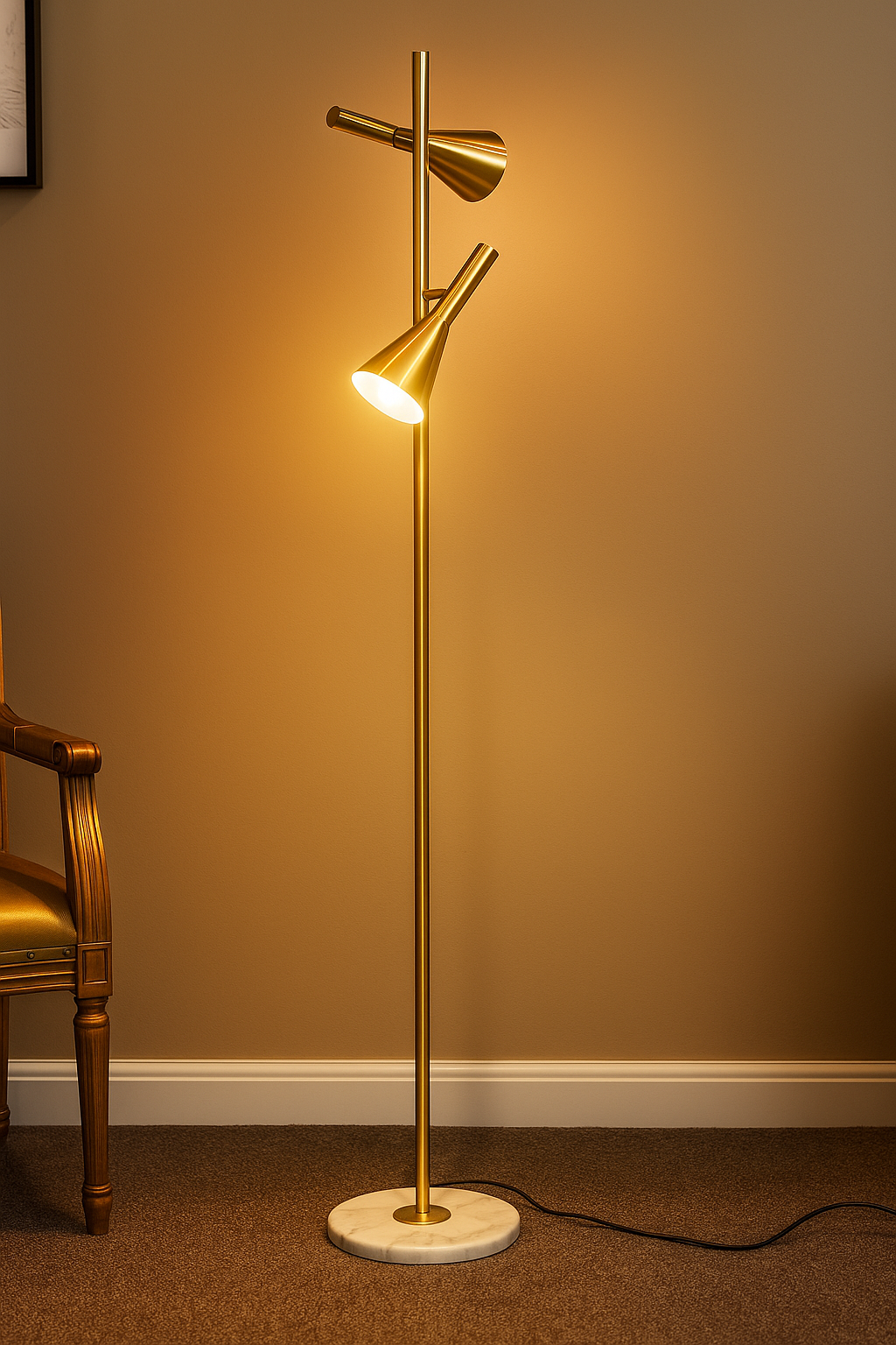 Hdc Luxury Twin-Head Brass Floor Lamp with Marble Base  Modern Designer Standing Lamp for Living Room & Bedroom