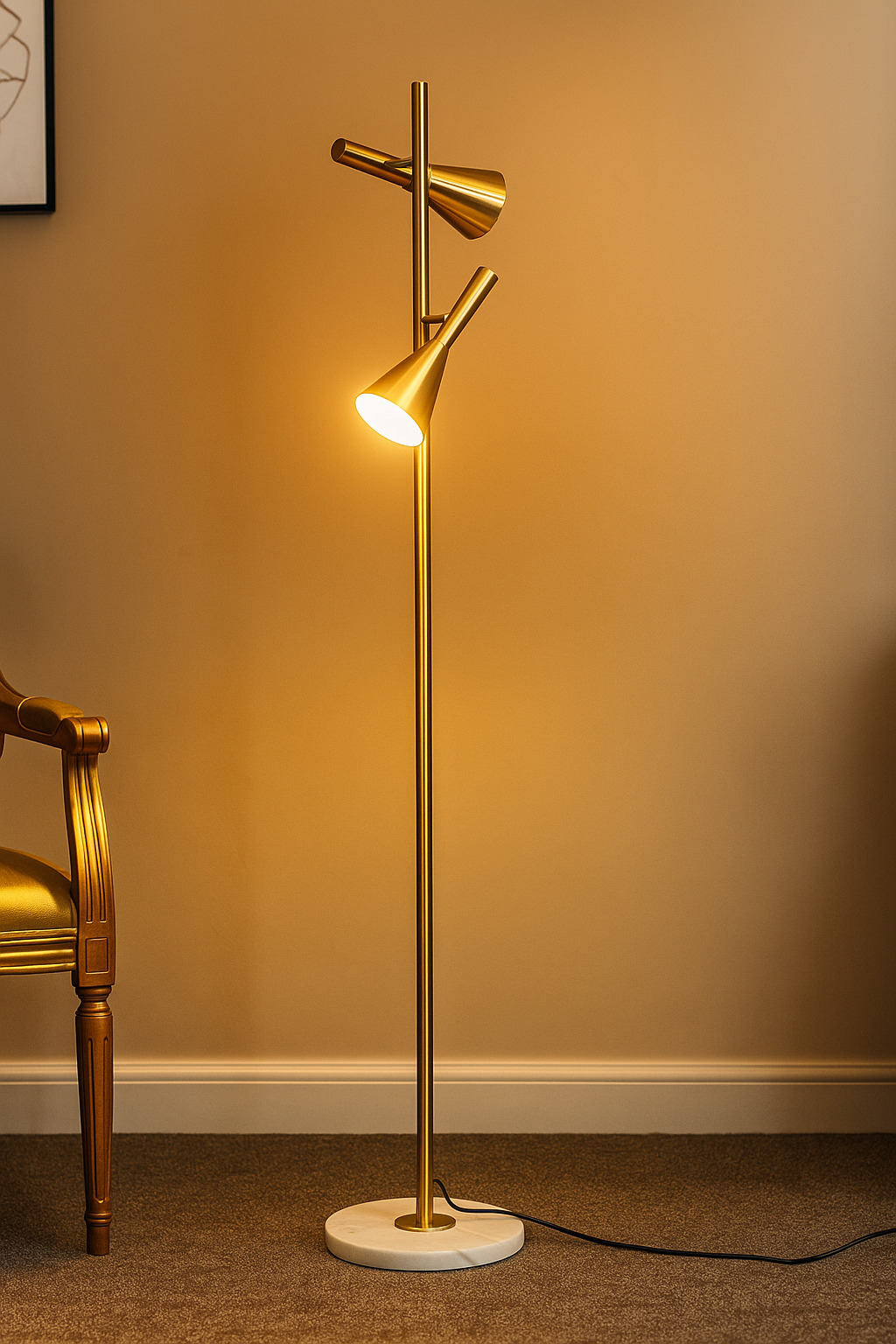 Hdc Luxury Twin-Head Brass Floor Lamp with Marble Base  Modern Designer Standing Lamp for Living Room & Bedroom