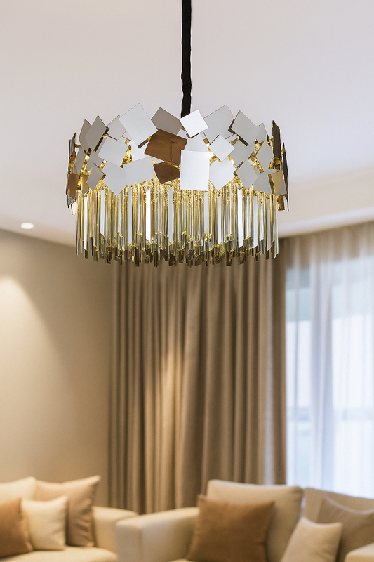 Hdc Geometric Crystal Chandelier Luxury Hanging Light with Reflective Mirror Accents for Living Room, Dining, or Foyer
