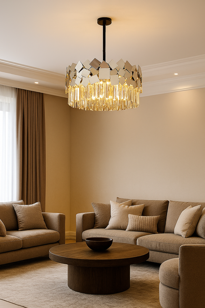Hdc Geometric Crystal Chandelier Luxury Hanging Light with Reflective Mirror Accents for Living Room, Dining, or Foyer