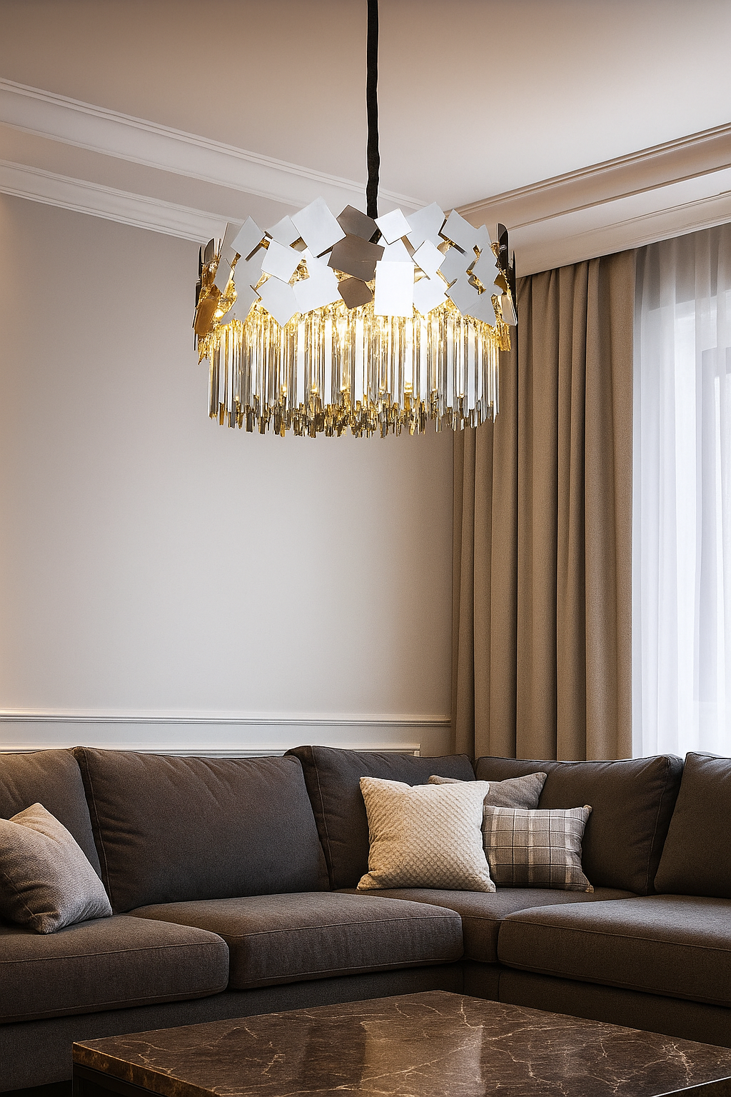 Hdc Geometric Crystal Chandelier Luxury Hanging Light with Reflective Mirror Accents for Living Room, Dining, or Foyer