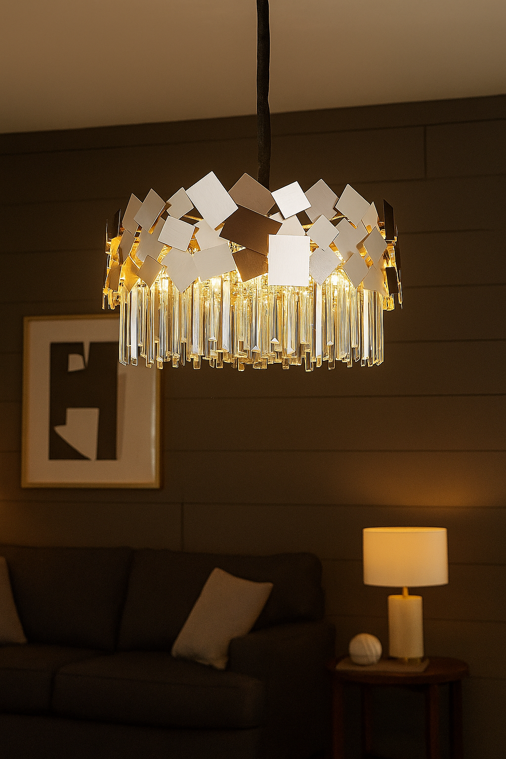 Hdc Geometric Crystal Chandelier Luxury Hanging Light with Reflective Mirror Accents for Living Room, Dining, or Foyer