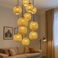 HDC E27 Wooden Pendant Light with Wooden Lampshade and Pumpkin Shape Height Adjustable Middle Size Ceiling Chandelier