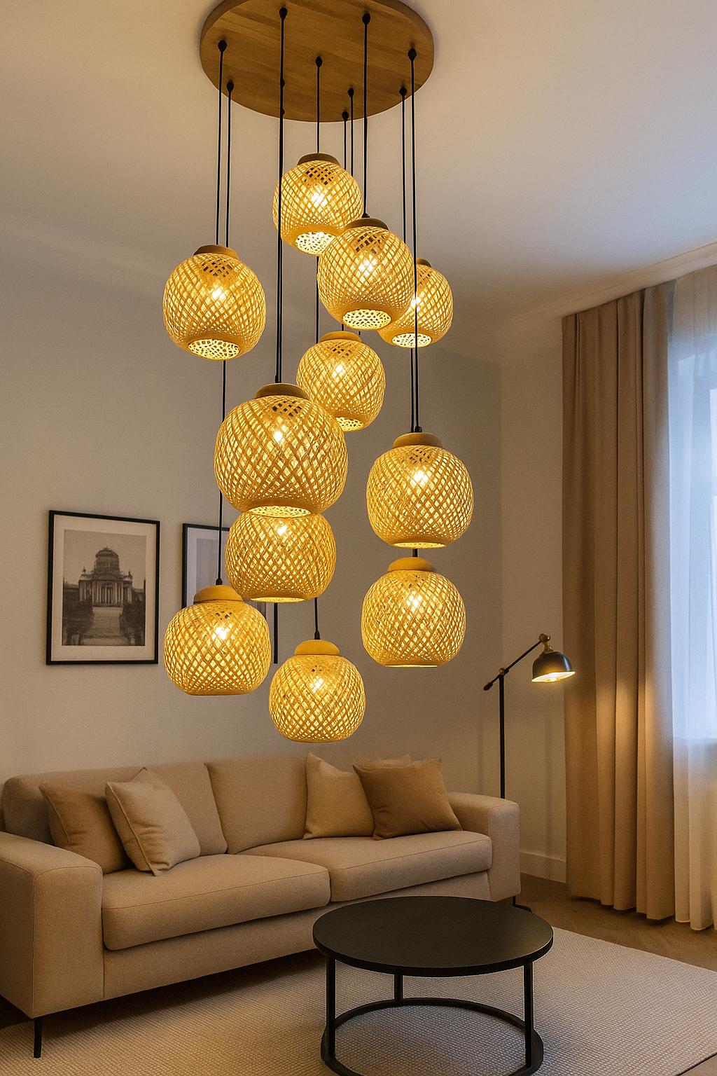 HDC E27 Wooden Pendant Light with Wooden Lampshade and Pumpkin Shape Height Adjustable Middle Size Ceiling Chandelier
