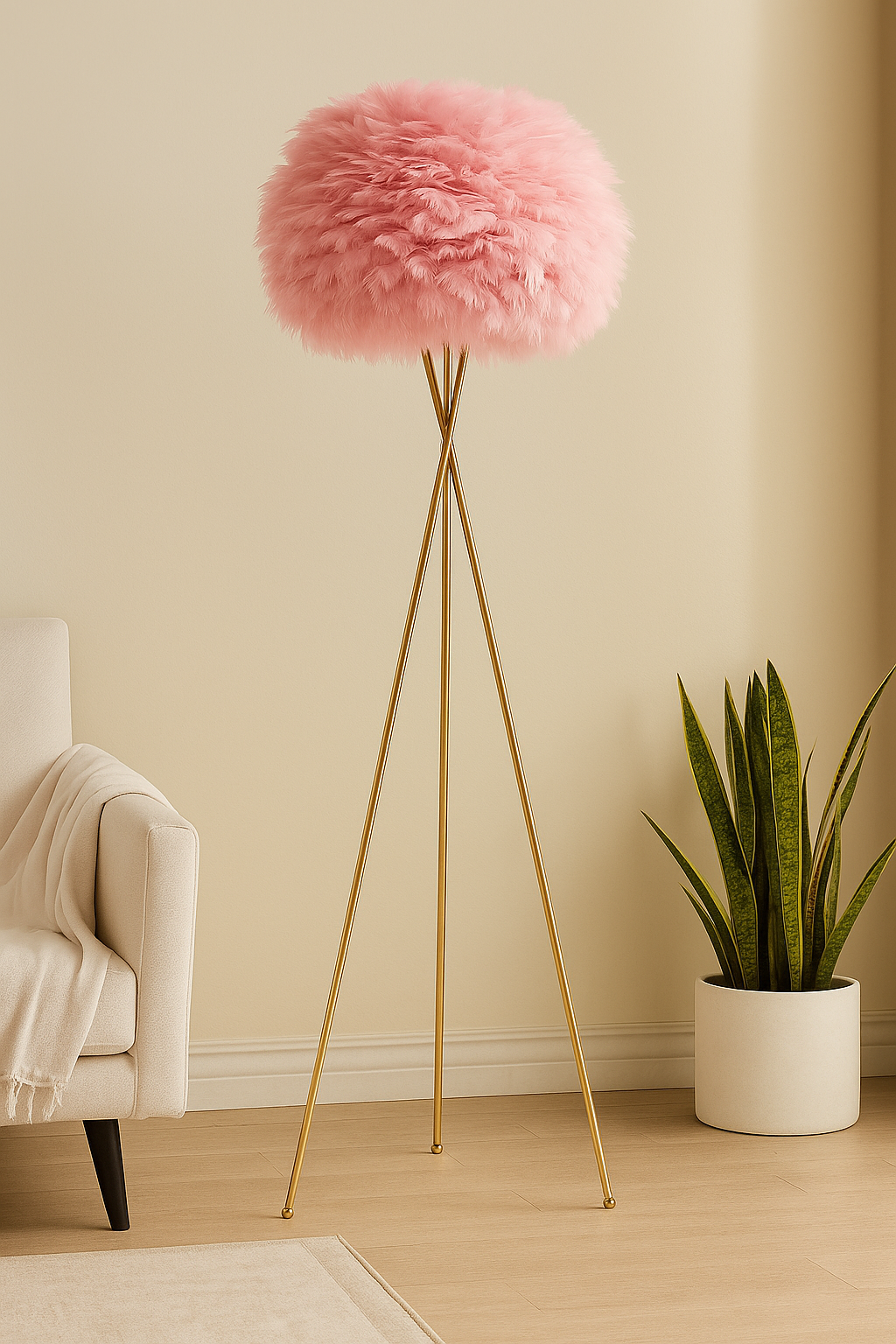 Hdc Nordic Pink Feather Floor Lamp Gold Iron Tripod Floor Lamps for Living Room
