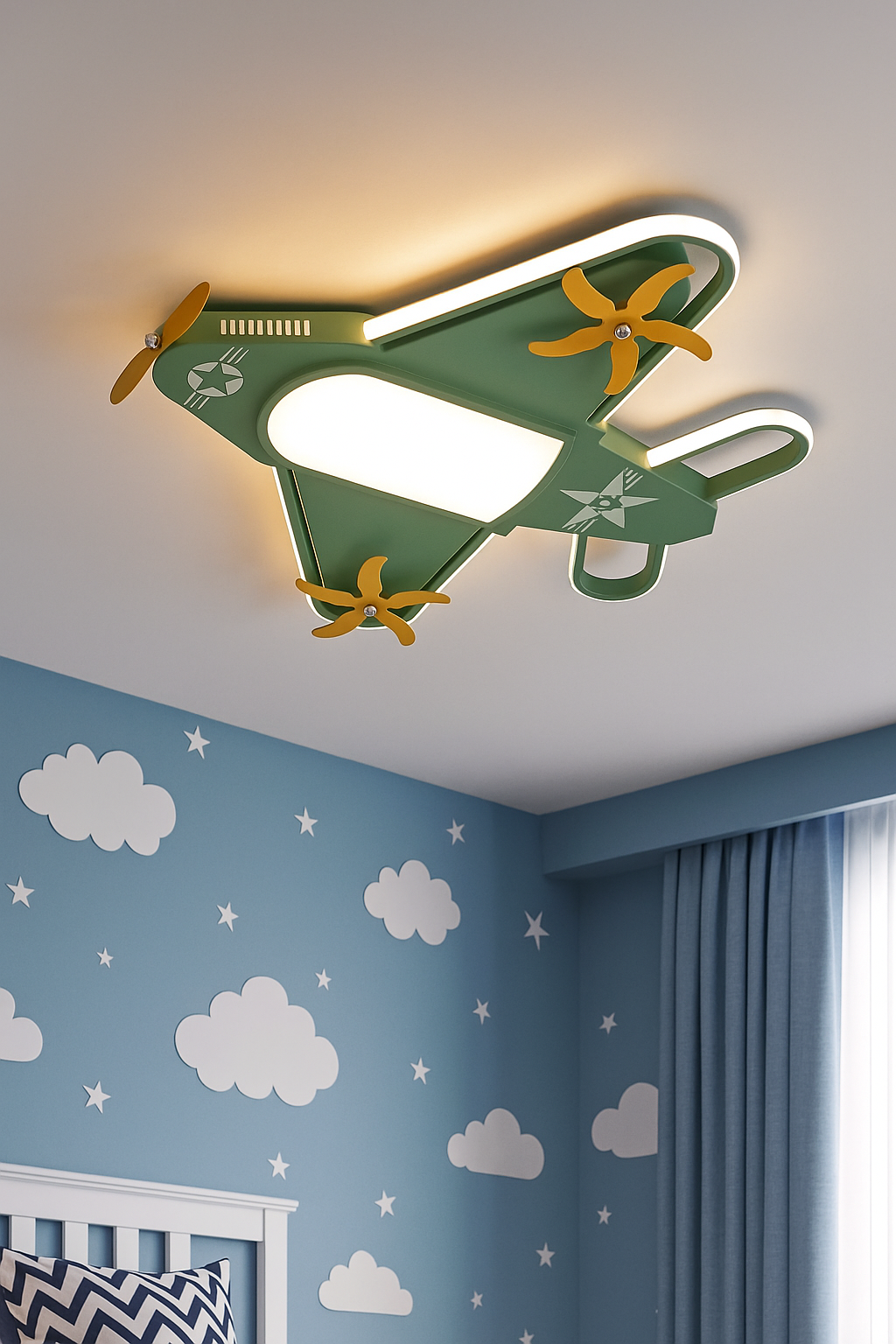 Hdc Aviator Kids Ceiling Light Airplane Shaped LED Fixture for Boys’ Bedroom | Soft White Glow | Green & Yellow Theme | Fun Aviation Design for Nursery, Study or Playroom