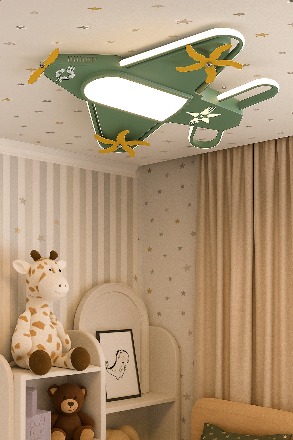 Hdc Aviator Kids Ceiling Light Airplane Shaped LED Fixture for Boys’ Bedroom | Soft White Glow | Green & Yellow Theme | Fun Aviation Design for Nursery, Study or Playroom