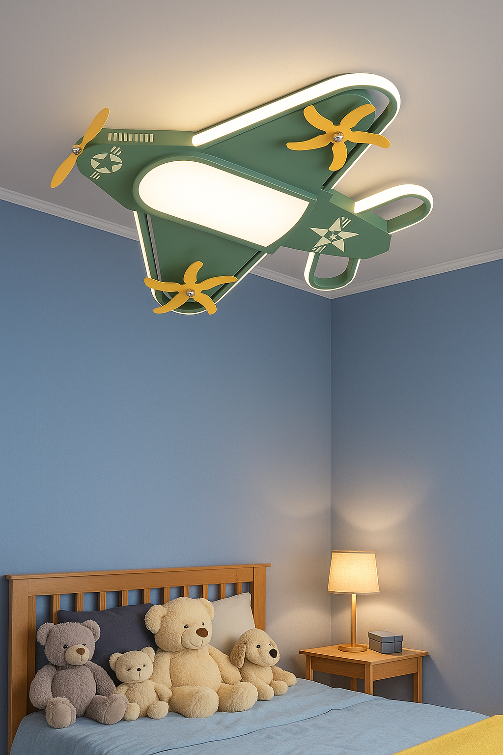 Hdc Aviator Kids Ceiling Light Airplane Shaped LED Fixture for Boys’ Bedroom | Soft White Glow | Green & Yellow Theme | Fun Aviation Design for Nursery, Study or Playroom