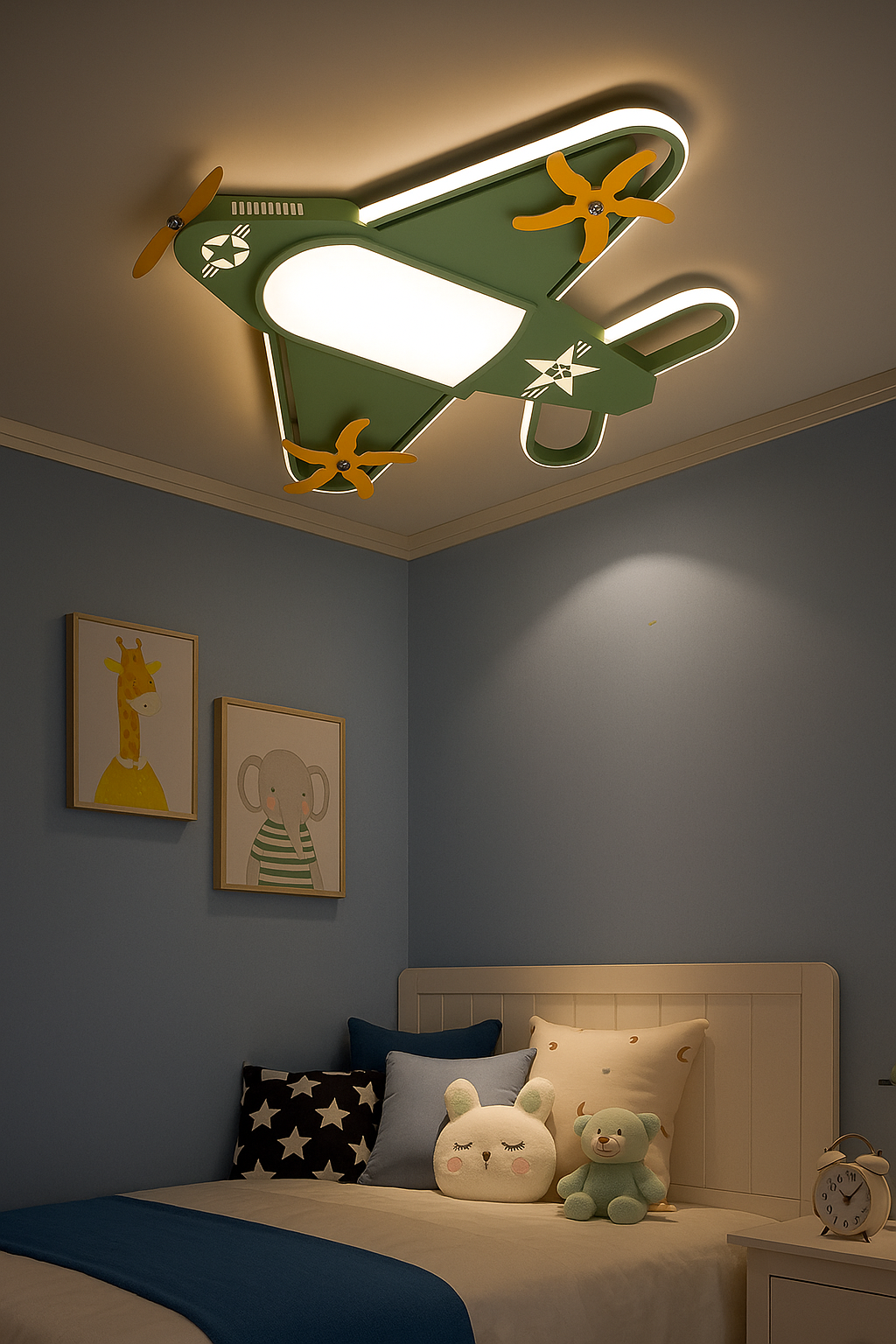 Hdc Aviator Kids Ceiling Light Airplane Shaped LED Fixture for Boys’ Bedroom | Soft White Glow | Green & Yellow Theme | Fun Aviation Design for Nursery, Study or Playroom