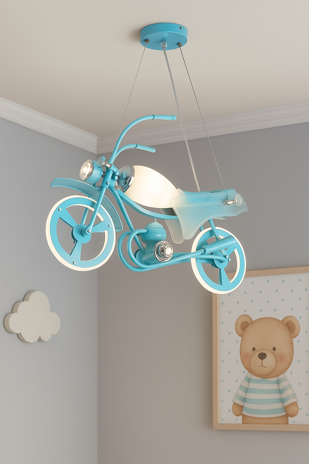 Hdc Blue Motorcycle Kids Pendant Light – Creative Bike-Shaped Hanging Lamp for Boys Room | LED Light Fixture for Nursery, Bedroom, or Playroom | Whimsical Decor