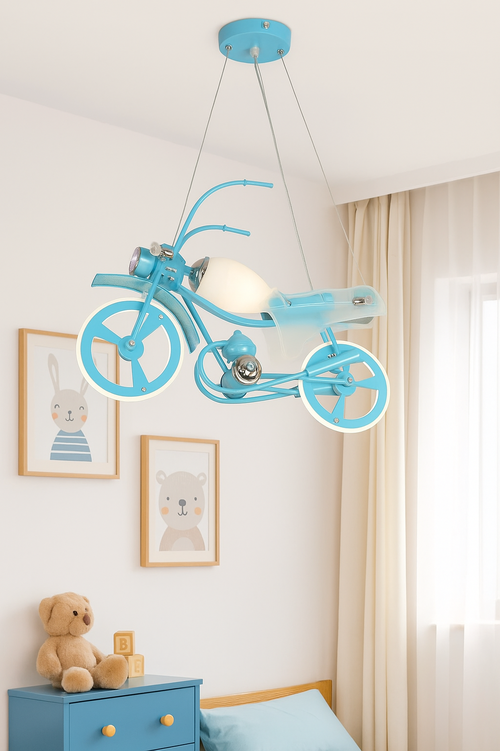 Hdc Blue Motorcycle Kids Pendant Light – Creative Bike-Shaped Hanging Lamp for Boys Room | LED Light Fixture for Nursery, Bedroom, or Playroom | Whimsical Decor