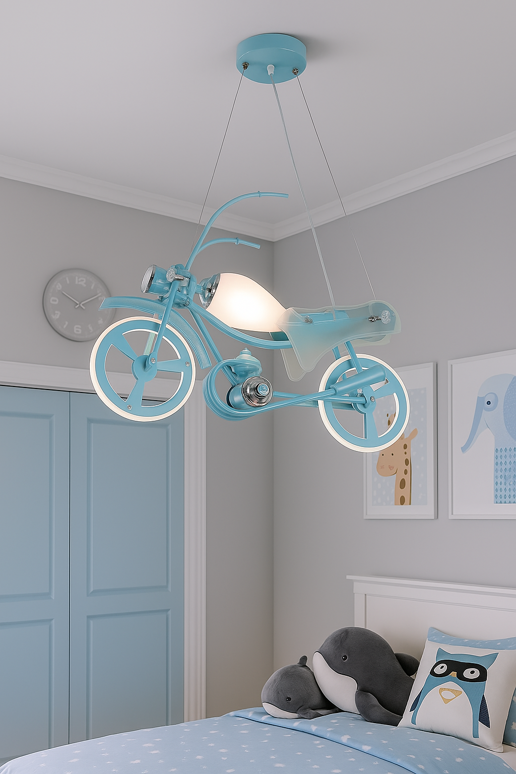 Hdc Blue Motorcycle Kids Pendant Light – Creative Bike-Shaped Hanging Lamp for Boys Room | LED Light Fixture for Nursery, Bedroom, or Playroom | Whimsical Decor